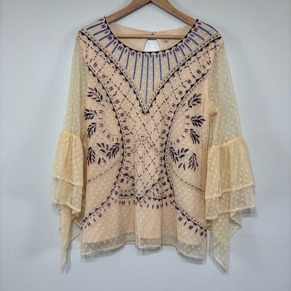 Reba Western Cream Boho Western Bell Sleeve Lined Blouse Size L - Picture 2 of 6